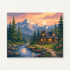 Mountain Cabin by a River Paint by Numbers Kit — original artwork displayed as a canvas on a warm off-white wall.