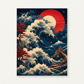 Crimson Wave Paint by Numbers Kit — original artwork displayed as a canvas on a warm off-white wall.