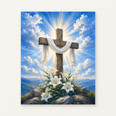 Cross on a Hill Paint by Numbers Kit — original artwork displayed as a canvas on a warm off-white wall.