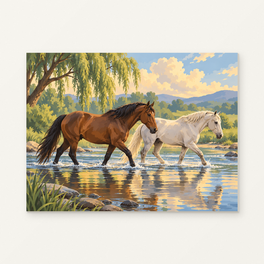 Crossing at Willow Bend Paint by Numbers Kit — complete artwork displayed on a canvas against a warm off-white wall.