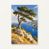 Cypress Above the Bay Paint by Numbers Kit — original artwork displayed as a canvas on a warm off-white wall.