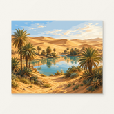 Desert Oasis Paint by Numbers Kit — original artwork displayed as a canvas on a warm off-white wall.