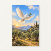 Dove above the Olive Grove Paint by Numbers Kit — original artwork displayed as a canvas on a warm off-white wall.