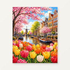 Dutch Canal with Tulips and Blossoms Paint by Numbers Kit — original artwork displayed as a canvas on a warm off-white wall.