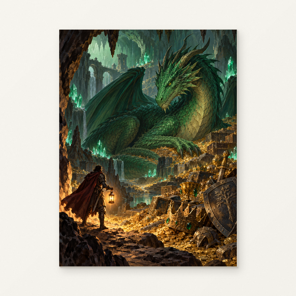 Emerald Dragon Guarding a Treasure Cave Paint by Numbers Kit — original artwork displayed as a canvas on a warm off-white wall.