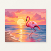 Flamingo Sunset Paint by Numbers Kit — original artwork displayed as a canvas on a warm off-white wall.
