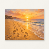 Footprints at Sunset Paint by Numbers Kit — original artwork displayed as a canvas on a warm off-white wall.