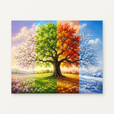 Four Seasons Tree Paint by Numbers Kit — original artwork displayed as a canvas on a warm off-white wall.