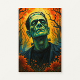 Frankenstein's Monster Paint by Numbers Kit — original artwork displayed as a canvas on a warm off-white wall.