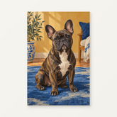 French Bulldog in Blue Paint by Numbers Kit — original artwork displayed as a canvas on a warm off-white wall.