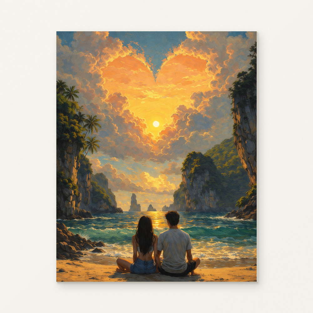 Heart-Shaped Sky at Sunset Paint by Numbers Kit — original artwork displayed as a canvas on a warm off-white wall.