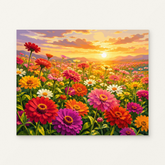 Colorful Flower Field at Sunset Paint by Numbers Kit — original artwork displayed as a canvas on a warm off-white wall.