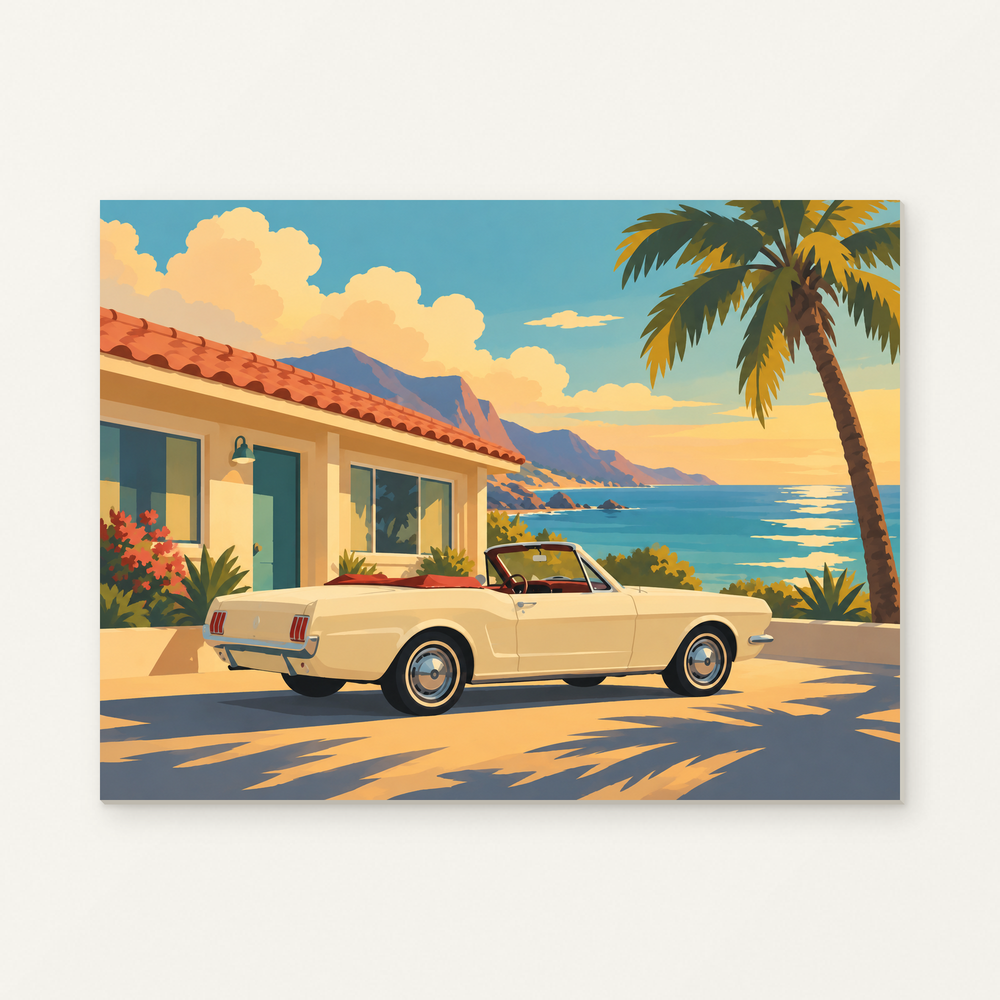 Golden Coast Getaway Paint by Numbers Kit — complete artwork displayed on a canvas against a warm off-white wall.