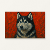 Husky in the Crimson Glow Paint by Numbers Kit — original artwork displayed as a canvas on a warm off-white wall.