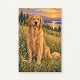 Golden Hour Retriever Paint by Numbers Kit — original artwork displayed as a canvas on a warm off-white wall.