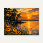 Golden Lake Paint by Numbers Kit — original artwork displayed as a canvas on a warm off-white wall.