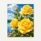 Yellow Roses by a Blue Lake Paint by Numbers Kit — original artwork displayed as a canvas on a warm off-white wall.