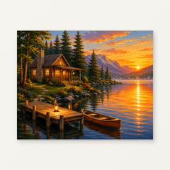 Lakeside Cabin at Sunset Paint by Numbers Kit — original artwork displayed as a canvas on a warm off-white wall.
