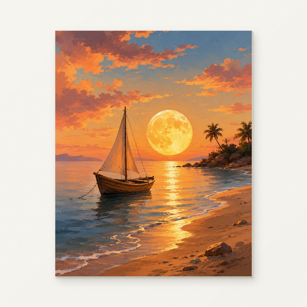 Sailboat Under a Golden Moon Paint by Numbers Kit — original artwork displayed as a canvas on a warm off-white wall.