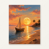 Sailboat Under a Golden Moon Paint by Numbers Kit — original artwork displayed as a canvas on a warm off-white wall.