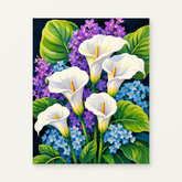 Graceful Calla Blooms Paint by Numbers Kit — original artwork displayed as a canvas on a warm off-white wall.