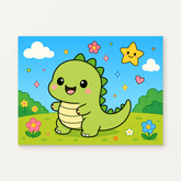 Green Dino Paint by Numbers Kit — original artwork displayed as a canvas on a warm off-white wall.