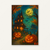 Haunted House and Glowing Pumpkins Paint by Numbers Kit — original artwork displayed as a canvas on a warm off-white wall.