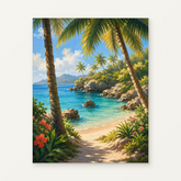 Tropical Beach with Palm Trees Paint by Numbers Kit — original artwork displayed as a canvas on a warm off-white wall.