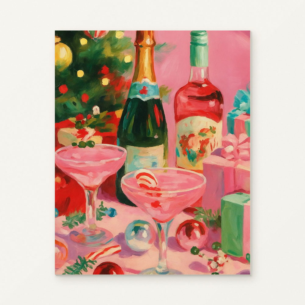 Pink Christmas Drinks Paint by Numbers Kit — original artwork displayed as a canvas on a warm off-white wall.