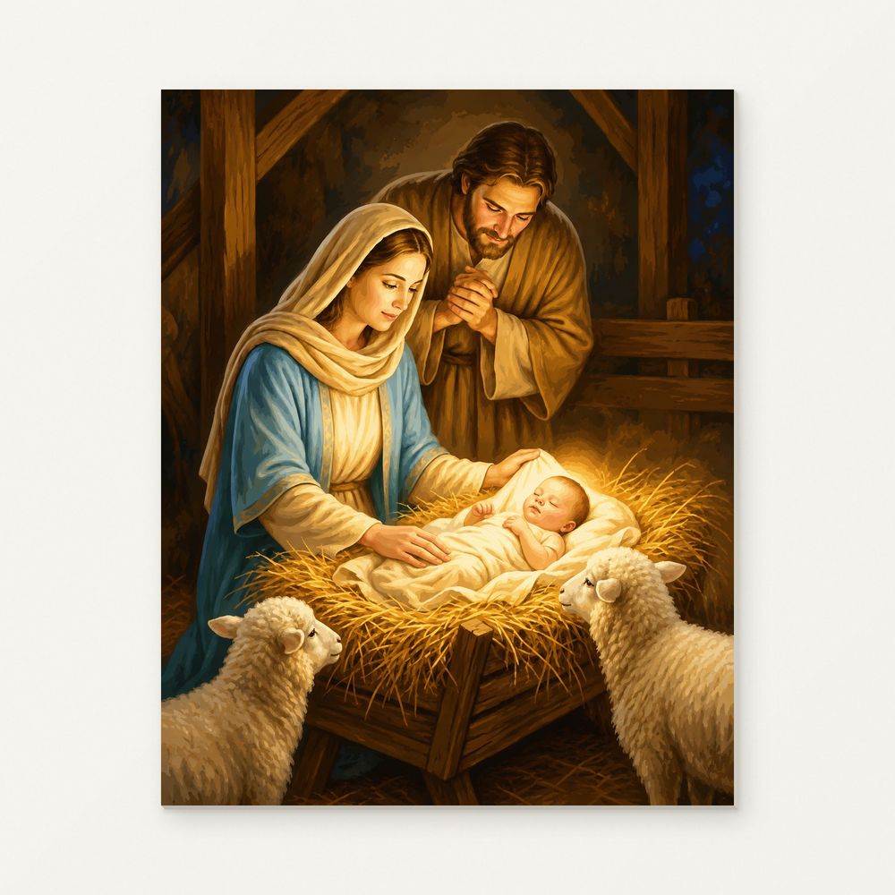 Nativity with Mary, Joseph and Baby Jesus Paint by Numbers Kit — original artwork displayed as a canvas on a warm off-white wall.