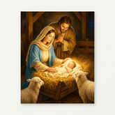 Nativity with Mary, Joseph and Baby Jesus Paint by Numbers Kit — original artwork displayed as a canvas on a warm off-white wall.