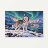 Husky under the Northern Sky Paint by Numbers Kit — original artwork displayed as a canvas on a warm off-white wall.