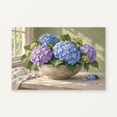 Hydrangeas in a Stone Bowl Paint by Numbers Kit — original artwork displayed as a canvas on a warm off-white wall.
