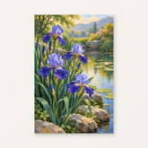 Irises beside the Pond Paint by Numbers Kit — original artwork displayed as a canvas on a warm off-white wall.