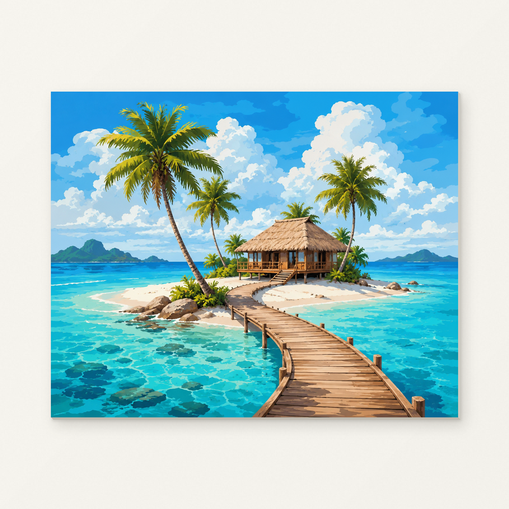 Tropical Island Bungalow Paint by Numbers Kit — original artwork displayed as a canvas on a warm off-white wall.