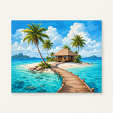 Tropical Island Bungalow Paint by Numbers Kit — original artwork displayed as a canvas on a warm off-white wall.