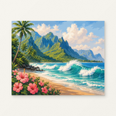 Tropical Coast with Hibiscus Flowers Paint by Numbers Kit — original artwork displayed as a canvas on a warm off-white wall.