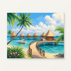 Tropical Overwater Bungalows Paint by Numbers Kit — original artwork displayed as a canvas on a warm off-white wall.