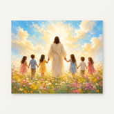 Jesus with Children Paint by Numbers Kit — original artwork displayed as a canvas on a warm off-white wall.