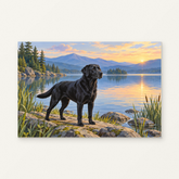 Labrador by the Lake Paint by Numbers Kit — original artwork displayed as a canvas on a warm off-white wall.