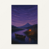 Lantern Boat on a Twilight River Paint by Numbers Kit — original artwork displayed as a canvas on a warm off-white wall.