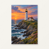 White Lighthouse on a Rocky Headland Paint by Numbers Kit — original artwork displayed as a canvas on a warm off-white wall.