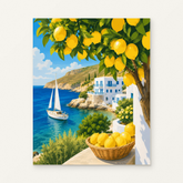 Lemon Coast Paint by Numbers Kit — original artwork displayed as a canvas on a warm off-white wall.