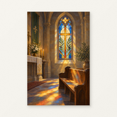 Light through the Chapel Window Paint by Numbers Kit — original artwork displayed as a canvas on a warm off-white wall.