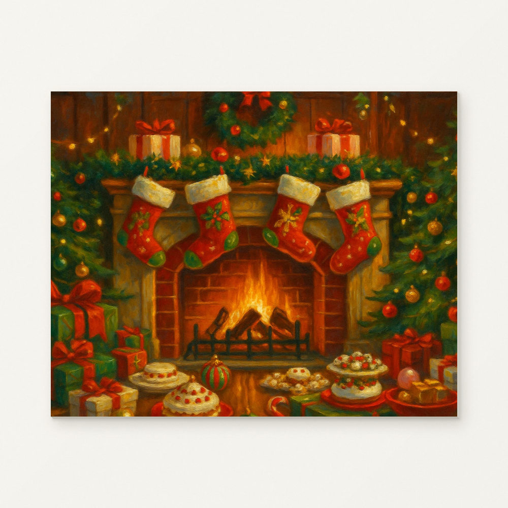 Christmas Fireplace with Stockings and Gifts Paint by Numbers Kit — original artwork displayed as a canvas on a warm off-white wall.