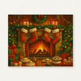 Christmas Fireplace with Stockings and Gifts Paint by Numbers Kit — original artwork displayed as a canvas on a warm off-white wall.