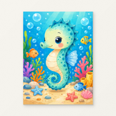 Little Seahorse Paint by Numbers Kit — original artwork displayed as a canvas on a warm off-white wall.