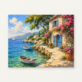 Mediterranean Coastal Paint by Numbers Kit — original artwork displayed as a canvas on a warm off-white wall.