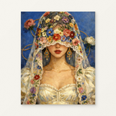 Woman with a Floral Veil Paint by Numbers Kit — original artwork displayed as a canvas on a warm off-white wall.