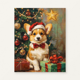 Christmas Puppy with Lights and Gifts Paint by Numbers Kit — original artwork displayed as a canvas on a warm off-white wall.